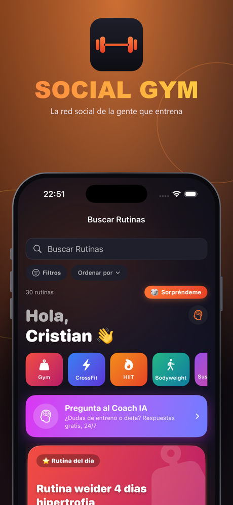 Social Gym app — home screen with routines and AI coach